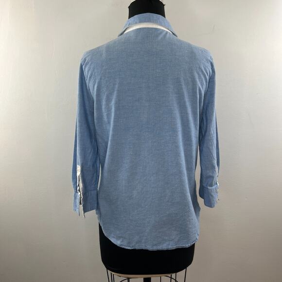 7 For All Mankind Chambray White Detail Button Down 3/4 Sleeve Shirt M Medium - Picture 5 of 8